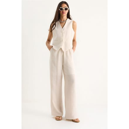 V-hals Vest en Wijde Pantalon Twee-delige Coord Set