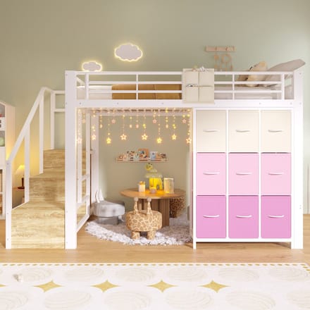 Hoogslaper - 140x200 cm - met Laden, Opbergtrap en Kledingstang - Metaal - Wit