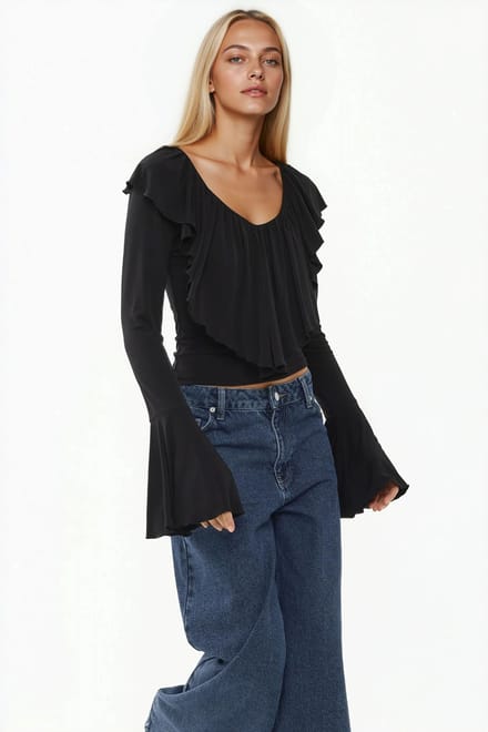 Rimpelende V-hals Elastische Gebreide Blouse
