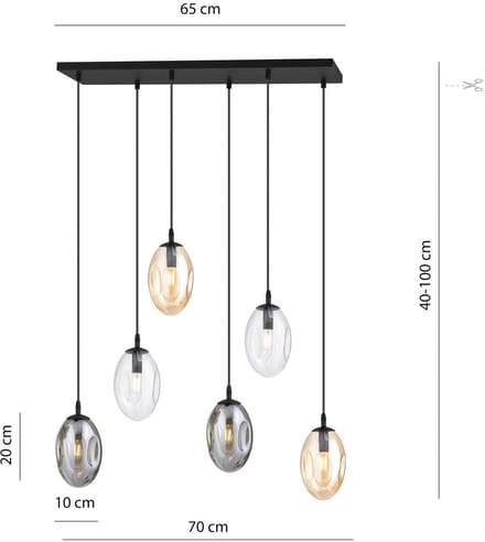 Euluna - hanglamp - 6lichts - Staal, glas - E14 - zwart, helder, amber, rookgrijs