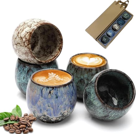 Set van 5 Mini Espresso Kopjes in Steengoed, Dikke Wand, Zonder Oor