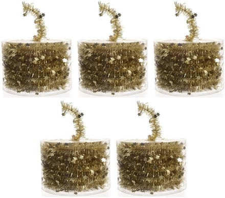 Decoris Kerstslinger- 5x -guirlande - met sterren - goud - glanzende lametta - 700 cm