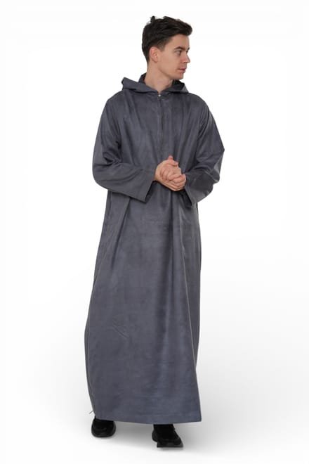 Heren Eid Grijze Marokkaanse Jubba Robe Ramadan Eid Thobe met capuchon - HM12