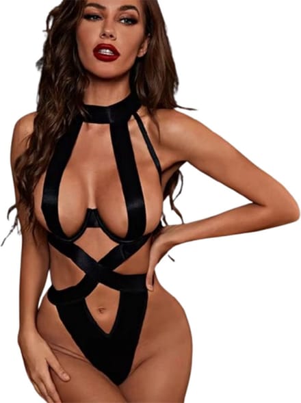 Sexy lingerie jumpsuit - Sexy Zwarte Open Bodysuit - Verstelbare Bandjes