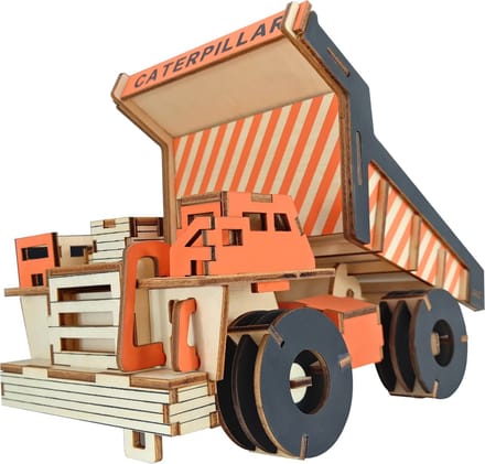 Houten bouwpakket DIY van een Caterpillar Kiepauto- gekleurd