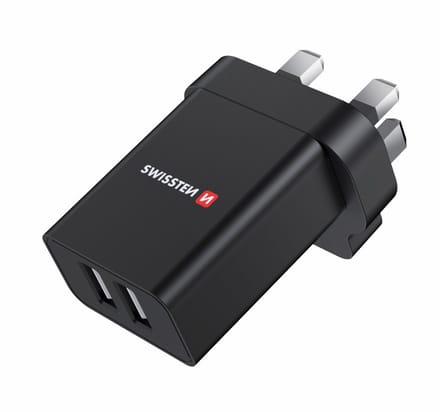 Swissten 2.1A Dubbele UK Reisoplader - 22045200 - Zwart
