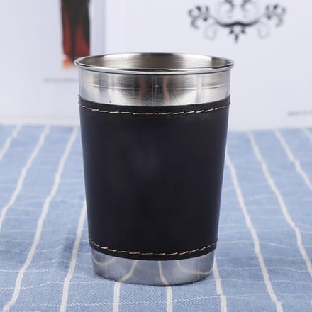 4 pièces 170 ml Mini Tasse à Café/Vin Portable en Acier Inoxydable avec Couvercle en Cuir gray