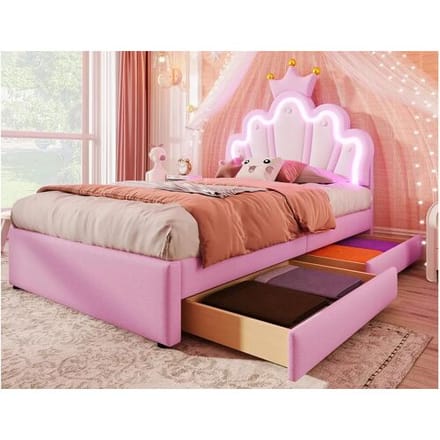 ModernLuxe Gestoffeerd kinderbed 90x200 cm - met LED en 2 lades - Roze