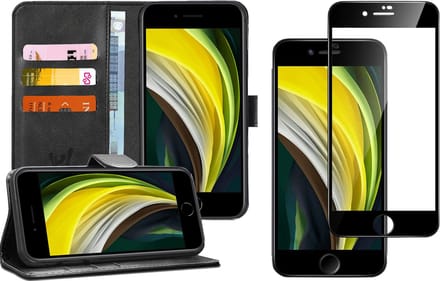Hoesje geschikt voor iPhone SE 2022 / 2020 / 8 / 7 - Screen Protector FullGuard - Book Case Kunstleer Pasjeshouder Zwart & Screenprotector