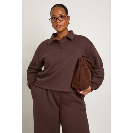 boohoo Dames Plus Sweatshirt met button-down kraag | Chocoladebruin | Maat: 44