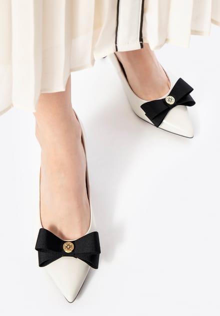 Wittchen Dames leren pumps met strik, crème en zwart, natuurlijk leer