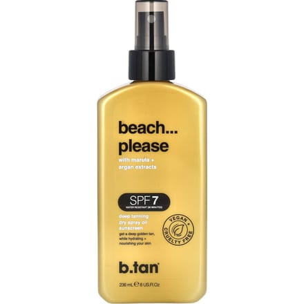 b.tan, Beach...please, dry spray oil sunscreen, SPF 7, deep tan, 8 fl oz (236 ml) yellow