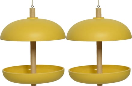 Decoris vogel voedersilo hangend - 2x - bamboe hout - geel - 21 x 25 cm