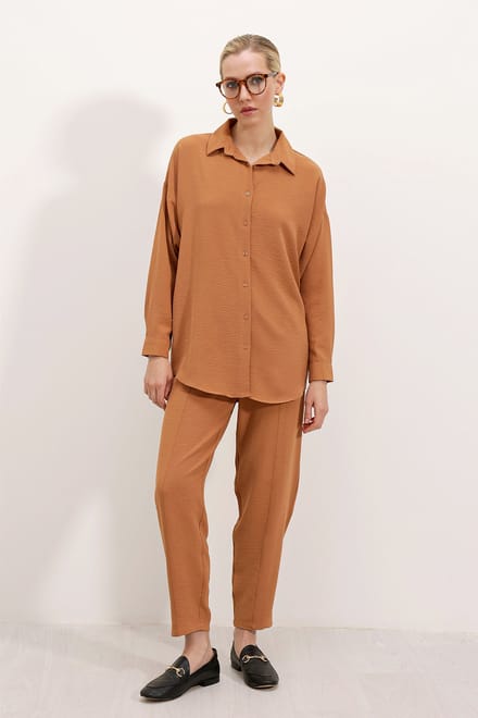 Oversized Getextureerde Seersucker Twee-Delige Set met Shirtkraag