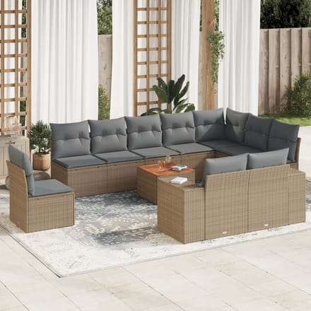 vidaXL - 11-delige - Tuinset - met - kussens - poly - rattan - beige