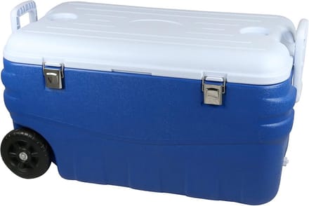 Harde koelbox 100 liter - blauwe en witte koelbox met wielen en inklapbare handgrepen