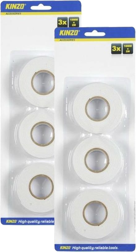 Kinzo Dubbelzijdig tape - wit - set met 6x rollen - Knutsel & hobby materiaal - plakband