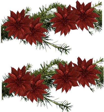 Kerstboomversiering Bloemen - 8x stuks - 9 cm - rood glitter - op clip