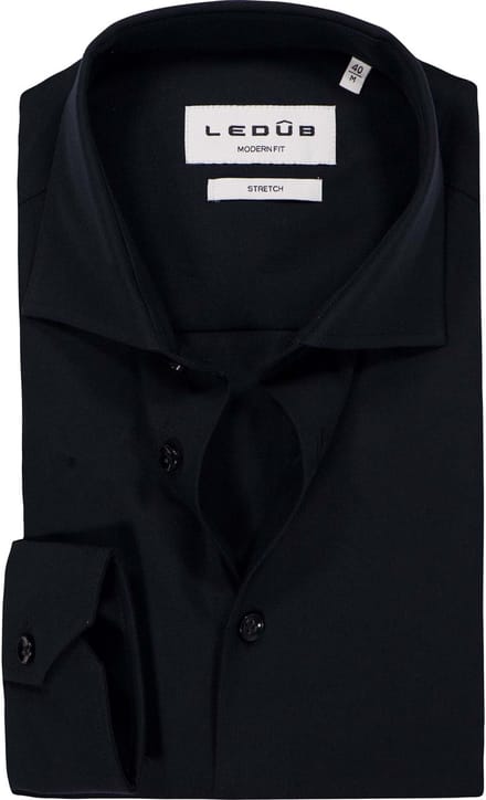Ledub modern fit overhemd - popeline - zwart - Strijkvriendelijk - Boordmaat: 45