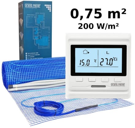 Elektrische vloerverwarmingsset 0,75 m², 200 W/m² + HW500 programmeerbare thermostaat