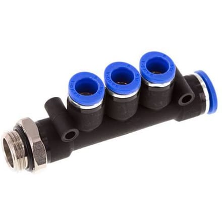 8mm x 10mm x G3/8'' 3-way Manifold Messing/PA 66 Insteekfitting Buitendraad Draaibaar NBR