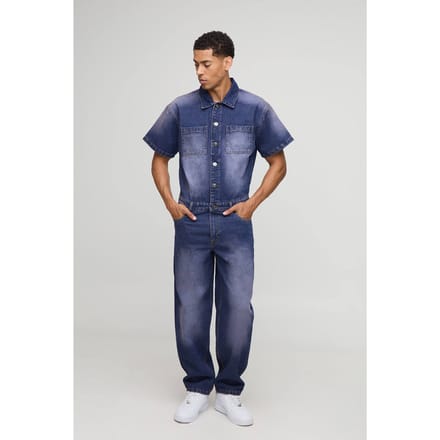 Short Sleeve Relaxed Tinted Denim Boilersuit | Pink | Size Medium