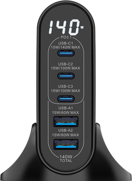 Rixus RX140 GaN Power Adapter With Digital Display 140W Black
