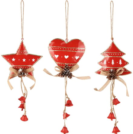 Dekoratief | Hanger hart/ster/boom, rood/wit, metaal, 10x10x22cm, set van 3 stuks | A255767