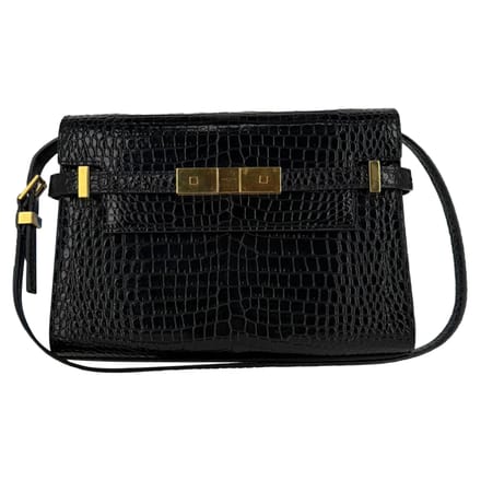 Saint Laurent Croco Gegraveerde Manhattan Schoudertas in Zwart Leer