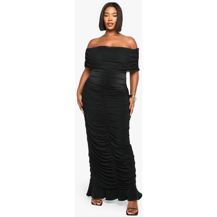 boohoo Dames PLUS MESH BARDOT GERUCHED MAXI-JURK | Zwart | Maat: 46