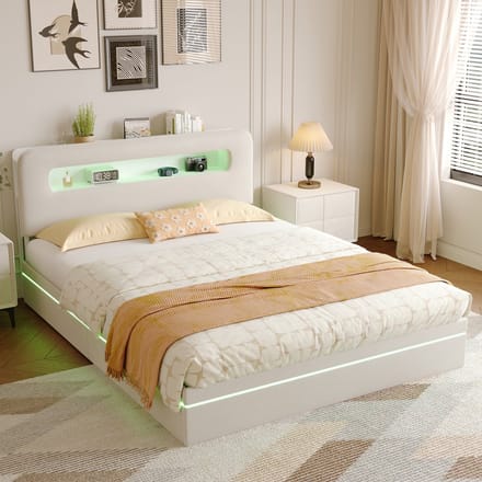 Bedframe 140x200 – met Opbergruimte – LED & Opbergplank – Fluweel Beige