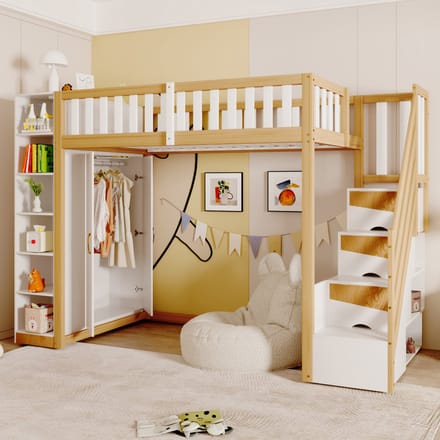 MODFU - Hoogslaper 90x200 cm – Wit/naturel met kledingkast & ladder met lades