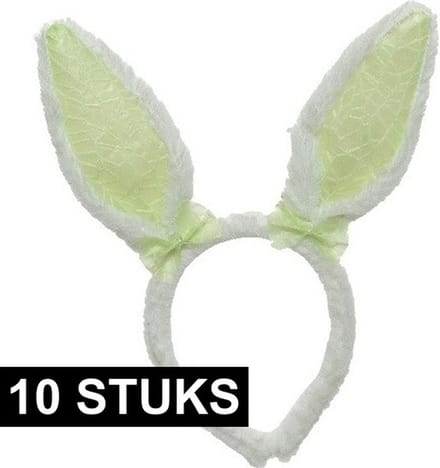 Decoris Konijnoren Diadeem wit groen - 10x - Verkleedaccessoire - Polyester - Unisex - 21,5x24 cm