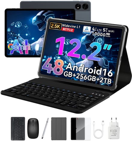 TABWEE T60 - Tablet - 48GB RAM - 256GB ROM - Android 16 - 12.2 inch - 10000mAh - WIFI Tablet - OTG - Grijs