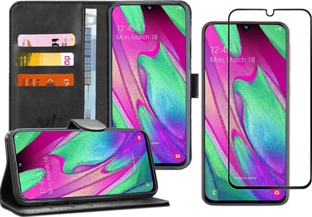 Hoesje geschikt voor Samsung Galaxy A40 - Screen Protector FullGuard - Book Case Kunstleer Pasjeshouder Zwart & Screenprotector