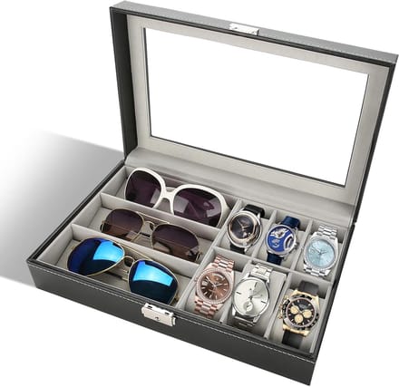 Glasses Holder Display Case Storage Box Organiser with 3 Grids - 6-Cell Watch Display Storage Box PU Leather Organizer