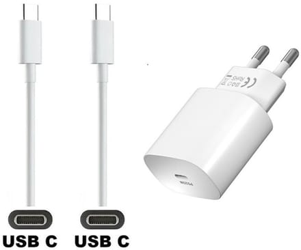 OneOne 25W super snellader en screenprotector van glas voor iPhone 15 en iPhone 16. Oplader met sterke 0,5m USB C naar C kabel. Krachtige witte PD PPS lader adapter. Screenprotector past op Apple iPhone 15, iPhone 16