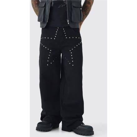 Baggy Fit Rigid Star Studded Jeans | Washed Black | Size 52R