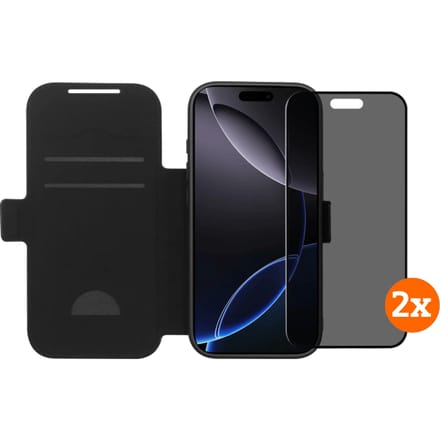 BlueBuilt Apple iPhone 17 Pro Book Case Leer Zwart + Privacy Screenprotector Duo Pack