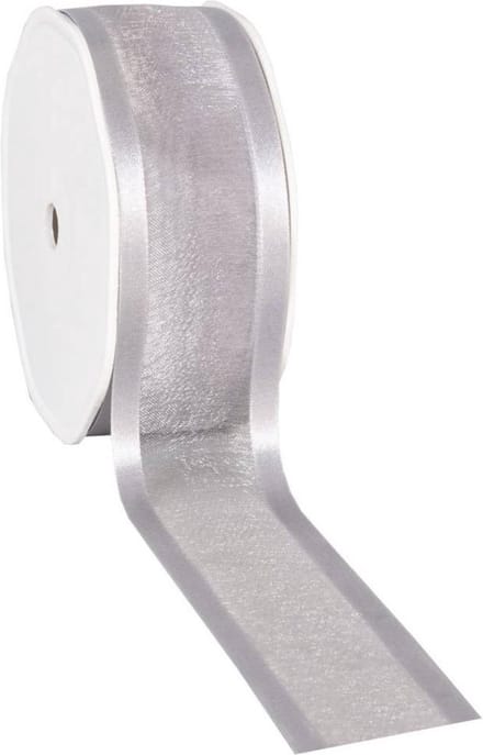 Satin edge Organzalint Licht grijs – 38 mm × 25 m – Organza