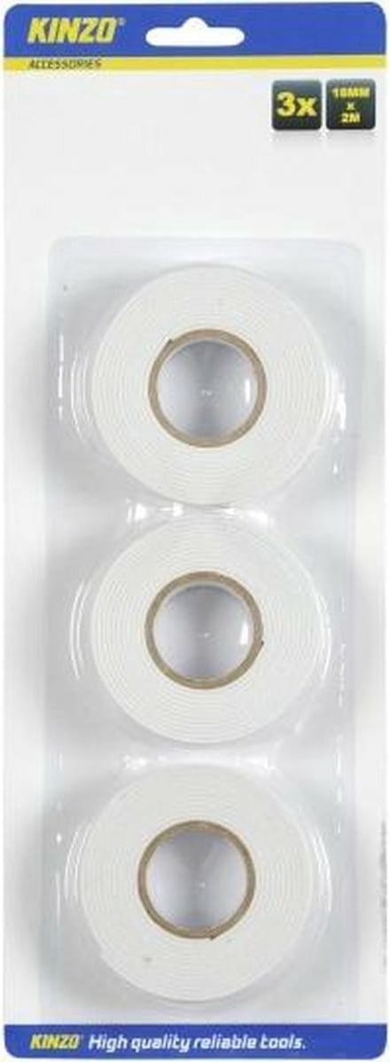 Kinzo Dubbelzijdig tape - wit - set met 3x rollen - Knutsel & hobby materiaal - plakband