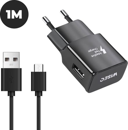 Complete Micro USB laadset – adapter inclusief USB naar Micro USB kabel 1 m – zwart – WiseQ