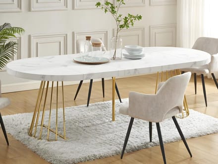 Vente-unique Uitschuifbare eettafel voor 2 tot 12 personen van MDF en staal - Wit en goud marmereffect - FIRELA
