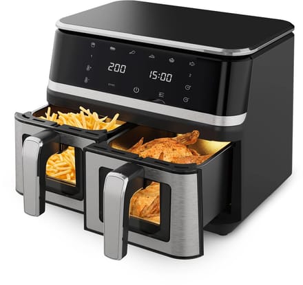 LUMÈ STORE Airfryer 9L Dual Zone – Heteluchtfriteuse – 2000W – Dubbele Mand – Touchscreen – 12 Programma’s – Kijkvenster – RVS – Zwart