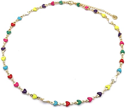 Ketting met Hartjes - RVS - Lengte 39-44 cm - Goudkleurig en Multicolor – valentijn – cadeau