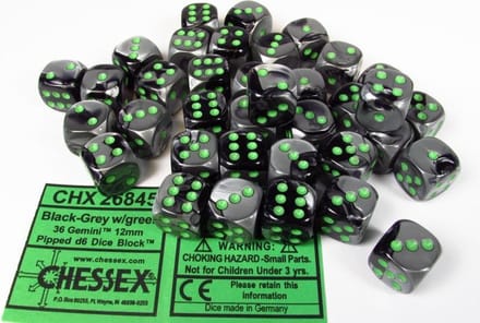 Chessex Gemini Black-Grey/green D6 12mm Dobbelsteen Set (36 stuks)