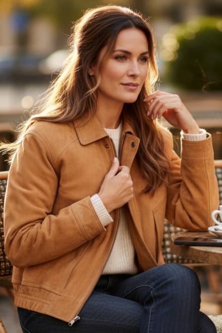 Dames beige leren Biker Blouson Bomber Oversized Jas - Moon