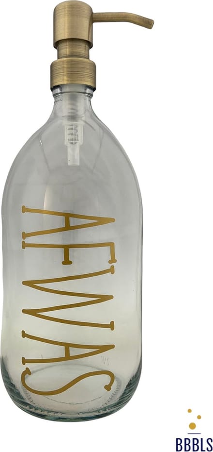 BBBLS® Design Dispenser "Afwas" | Transparant Glas | 1 liter | RVS / Metaal Pomp Goud | Zeeppomp | Zeepdispenser | Zeephouder