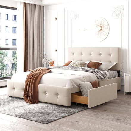 MODFU Gestoffeerd bed 140x200 cm – 4 laden – Hoog hoofdeinde – Fluweel beige – Met lattenbodem