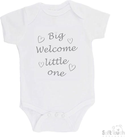 Soft Touch Romper "Big welcome little one" Unisex Katoen Wit/grijs Maat 62/68